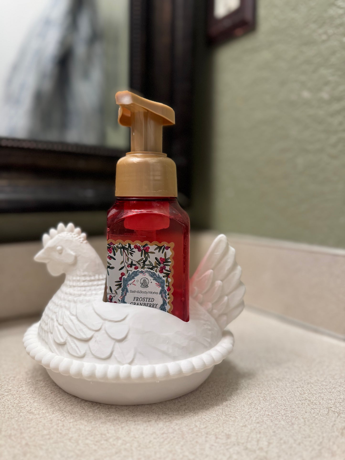 Chicken in a nest hand soap holder for soft soap or similar bottles